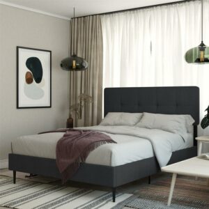 RealRooms Tyler Upholstered Bed, Adjustable Height Headboard, Queen, Dark Gray Linen