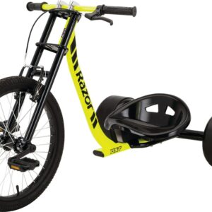 Razor DXT Drift Trike - Black/Yellow Steel Frame, 3-Wheeled Ride on Tricycle for Teens and Adults
