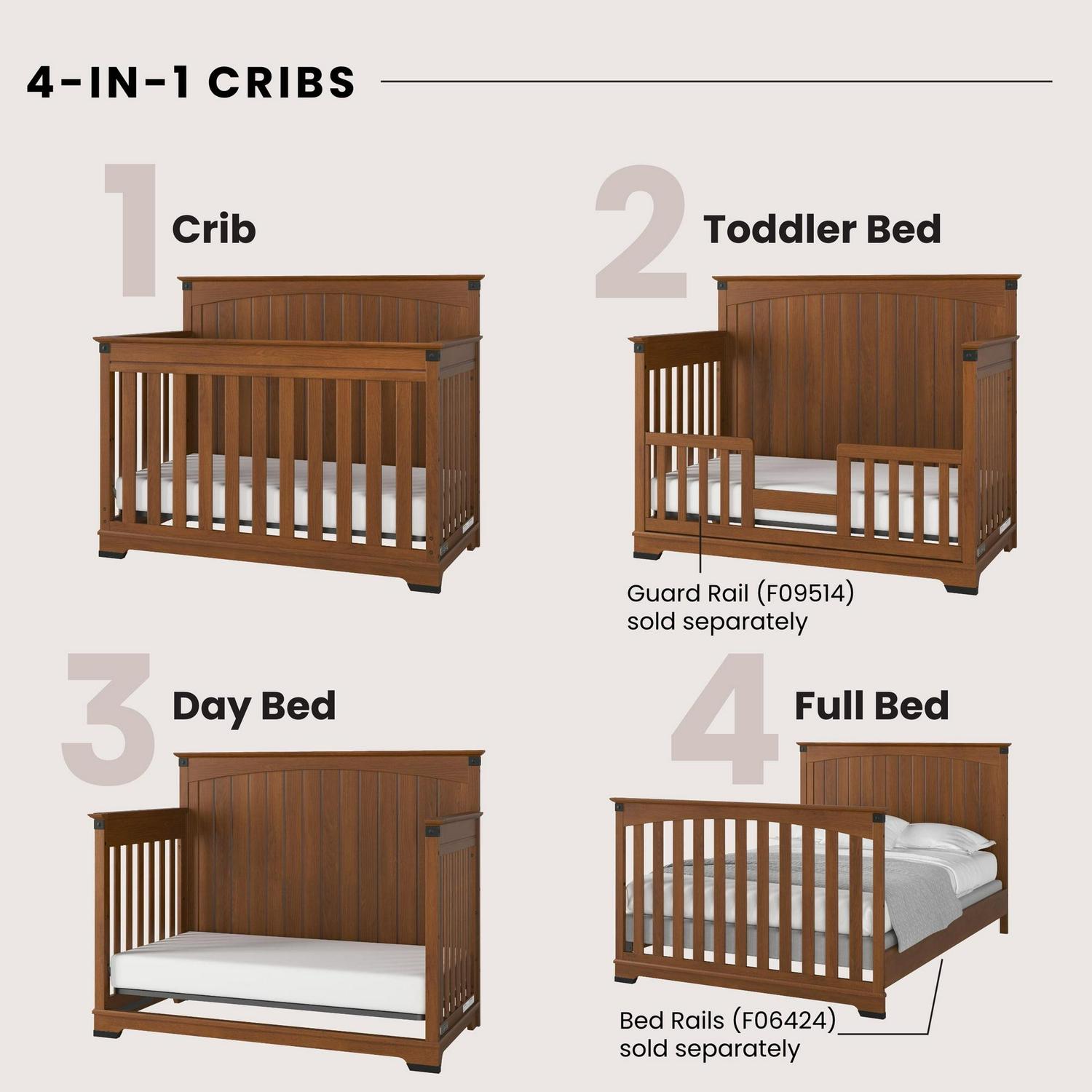 Child Craft Redmond 4-in-1 Full Panel Convertible Crib, Rustic Metal Detail, 2 Mattress Heights, Coach Cherry - Image 4