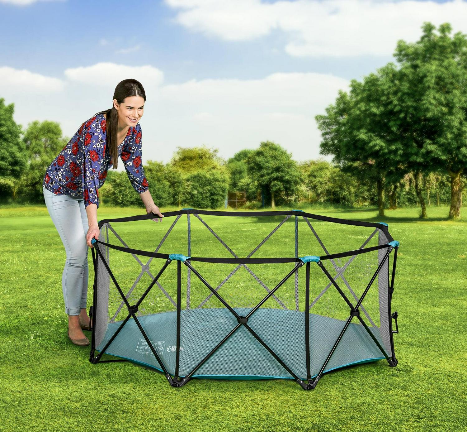 Regalo My Play 8 Panel Foldable and Portable Play Yard with Full UV Canopy, Teal - Image 4