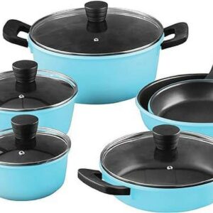 Retro by Bergner - 10 Pc Non Stick Cast Aluminum Pots and Pans Cookware Set, 10 Pieces, Blue