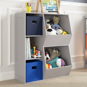 RiverRidge Kids Playroom Toy Organizer Bookcase with 3 Cubbies and 2 Storage Bins - Gray