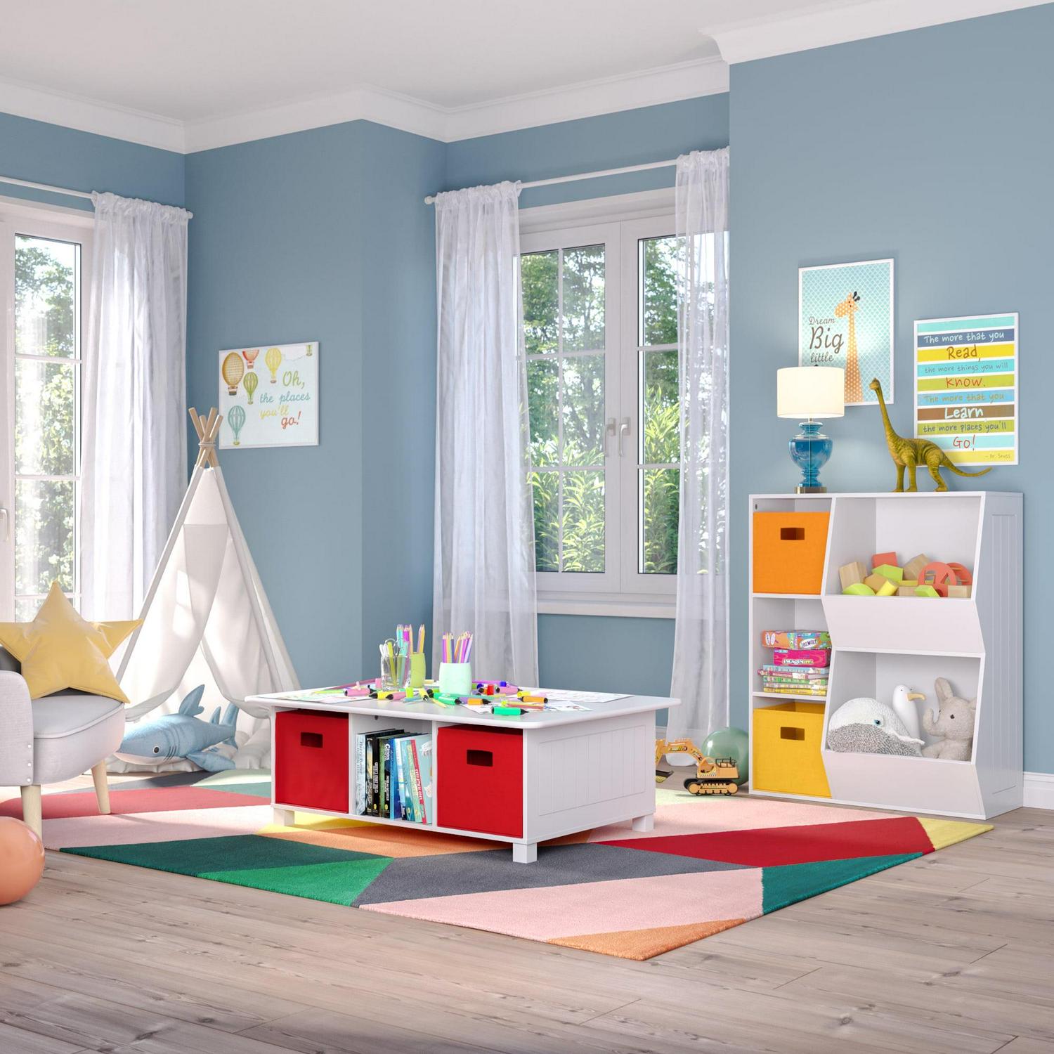 RiverRidge Kids Activity and Play Table Desk with 6 Storage Cubbies and 2 Gray Bins - Image 2