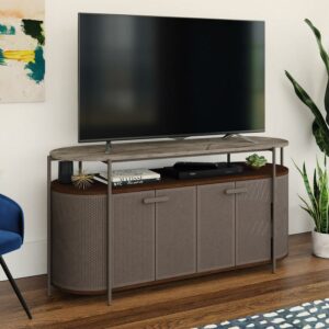 Sauder Radial Modern Metal TV Stand with Faux Stone Top for TVs up to 60", Umber Wood Finish