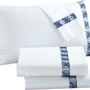 River Street Designs LUX-BED 4-Piece Pearce Garden NEW!! LUX-BED COLLECTIONS!! 100% Cotton 300 Thread Count Aztec Kilim Embroidered Tribal Inspired stitch Technique King Sheet Set Navy