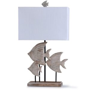 Rona Beige - Carved Fish Table Lamp with a Rectangle Hardback Shade - Weathered Beige and Wood Finish