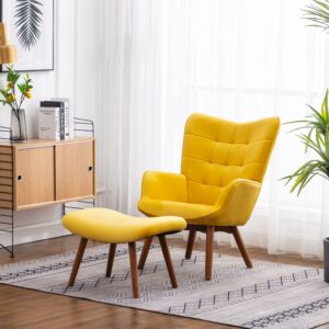 Roundhill Furniture Leiria Velvet Tufted Accent Chair with Ottoman in Yellow