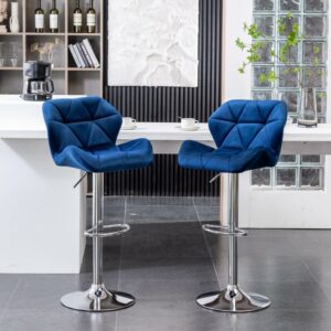 Roundhill Furniture Breni Velvet Diamond Tufted Swivel Adjustable Height Barstool, Set of 2, Blue, Chrome Finish