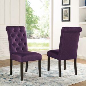 Roundhill Furniture Leviton Solid Wood Tufted Asons Dining Chair (Set of 2), Purple