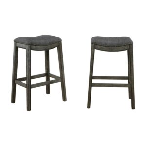 Roundhill Furniture Maroni Whitewash Finish Fabric Nailheaded Saddle Barstool in Gray, Set of 2
