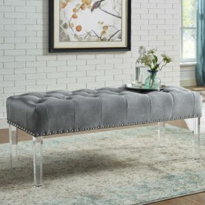 Roundhill Furniture Valley Button-Tufted Velvet Bench with Acrylic Leg in Gray