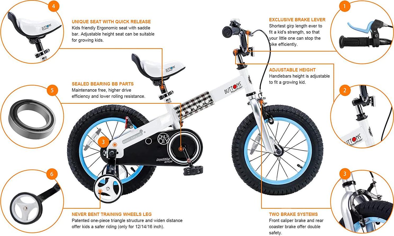 RoyalBaby Buttons Blue 16 inch Kid's Bicycle With Training Wheels and Kickstand - Image 6