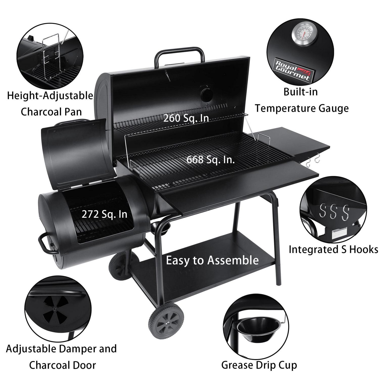 Royal Gourmet 36" Charcoal Barrel Grill with Offset Smoker, Adjustable Grates and Thermometer - Image 6