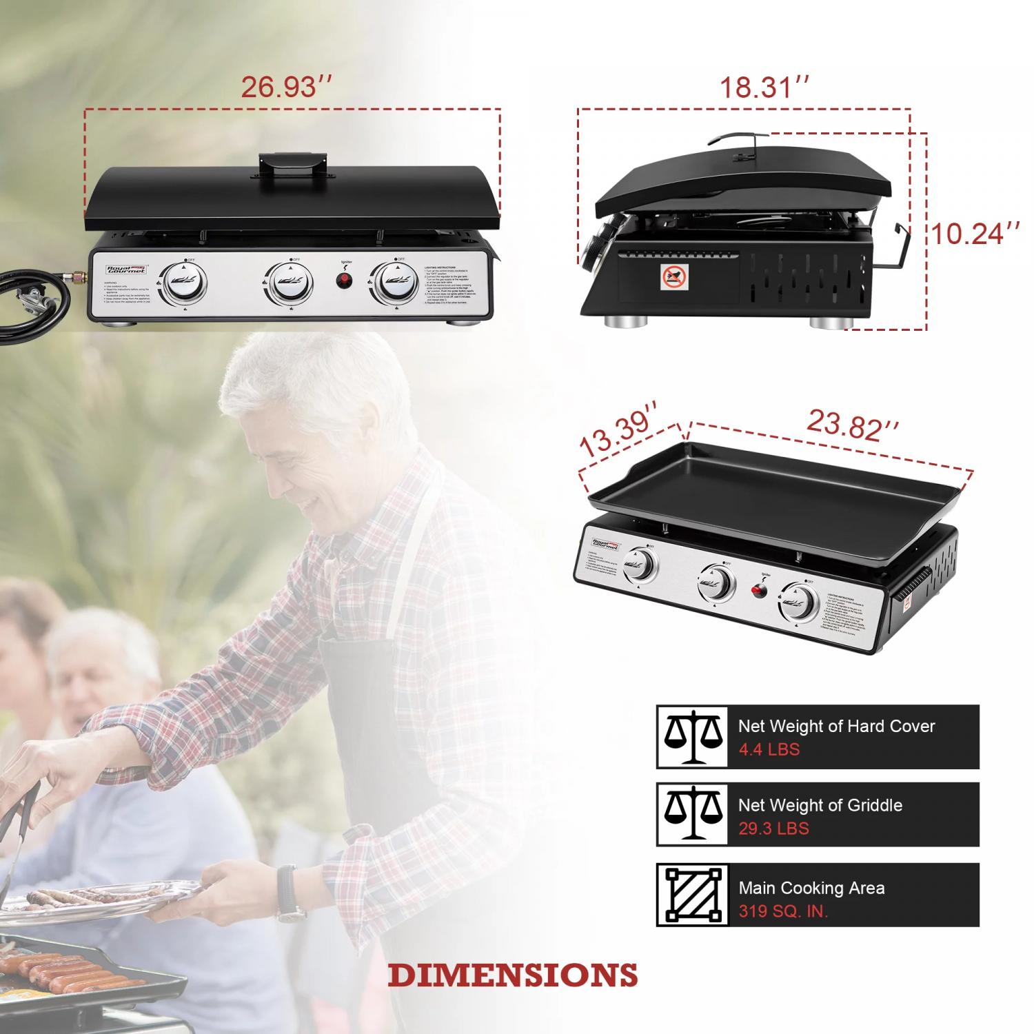 Royal Gourmet PD2301S 24" 3-Burner Portable Gas Griddle with Top Hard Cover - Image 8