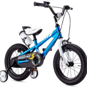 Royalbaby Boys Girls Kids Bike 14 In BMX Freestyle Blue 2 Hand Brakes Bicycles with Training Wheels Child Bicycle