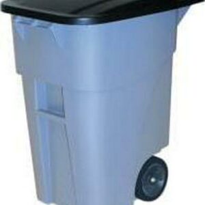 Rubbermaid Commercial Products BRUTE Roll-Out Trash Can with Lid, Square, 50 Gallon, Gray