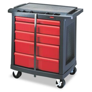 Rubbermaid Commercial FG773488BLA Five-Drawer 32.63 in. x 19.9 in. x 33.5 in. Mobile Workcenter - Black/Red