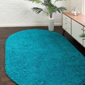 Rugs.com Solid Shag Collection Rug – 8' x 10' Oval Turquoise Shag Rug Perfect For Living Rooms, Large Dining Rooms, Open Floorplans