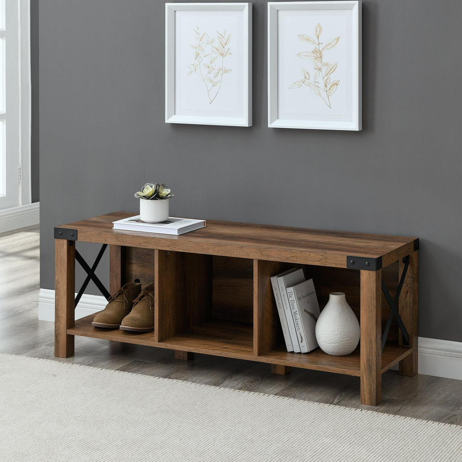 Walker Edison Rustic Farmhouse Entryway Storage Bench, Brown