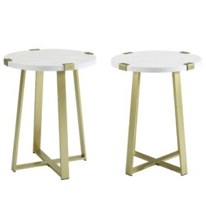 Rustic Wood and Metal Round End Table, Set of 2, Gold/White Faux Marble