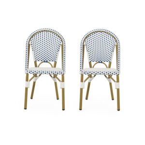 Noble House Elize Aluminum & Faux Rattan Bistro Chairs in Blue/White (Set of 2)