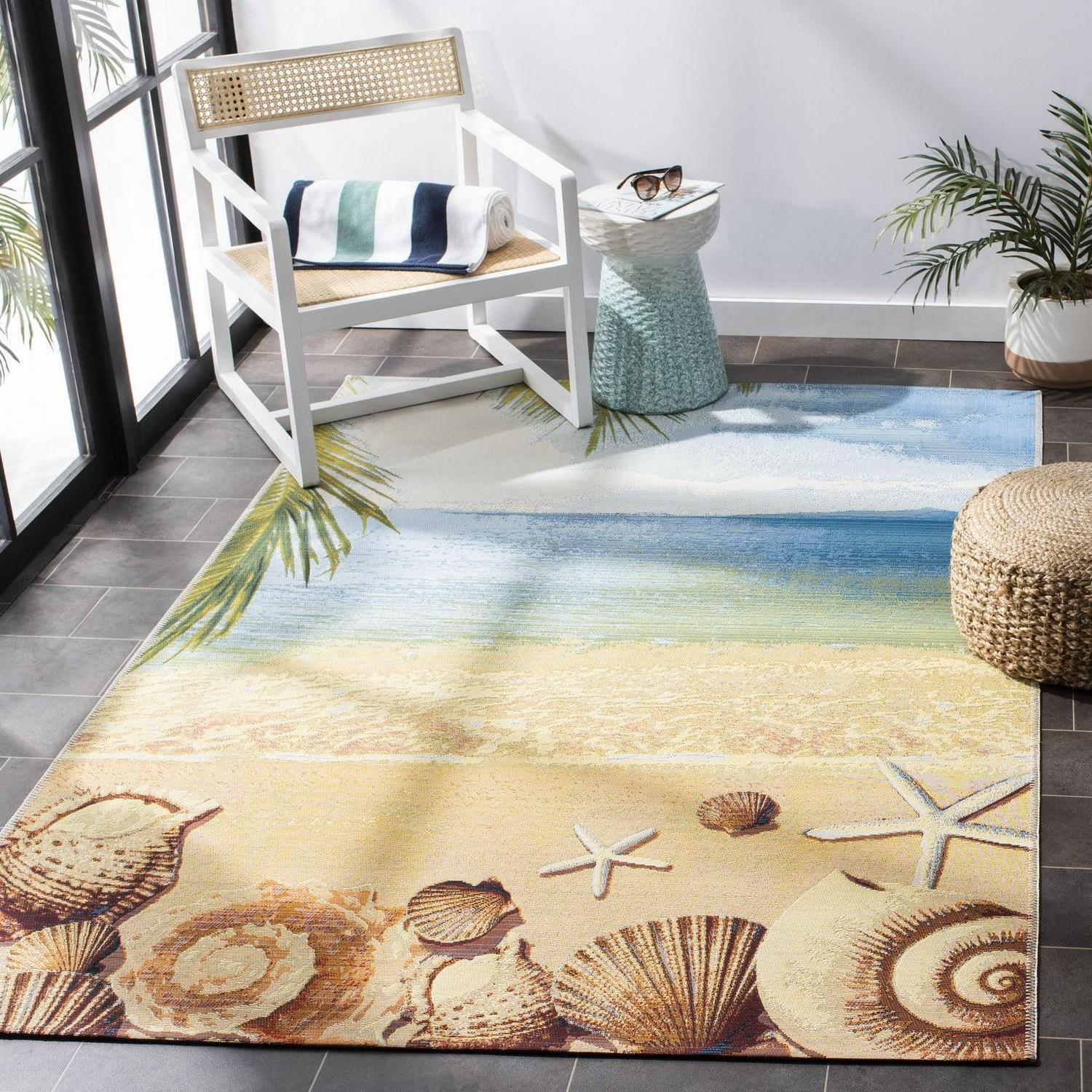 SAFAVIEH Barbados Sea Shells Outdoor Area Rug, 5'3" x 7'6", Gold/Blue