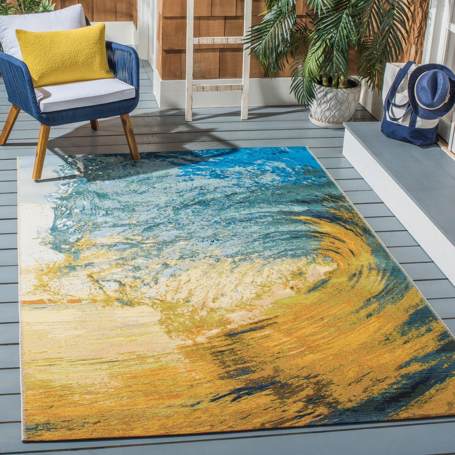 SAFAVIEH Barbados Sunset Waves Outdoor Area Rug, 5'3" x 7'6", Blue/Gold - Image 2