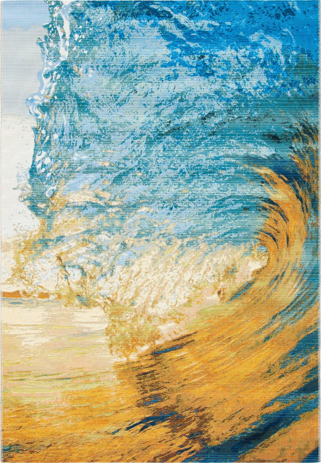 SAFAVIEH Barbados Sunset Waves Outdoor Area Rug, 5'3" x 7'6", Blue/Gold - Image 3