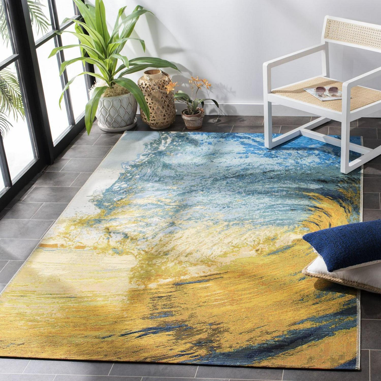SAFAVIEH Barbados Sunset Waves Outdoor Area Rug, 5'3" x 7'6", Blue/Gold