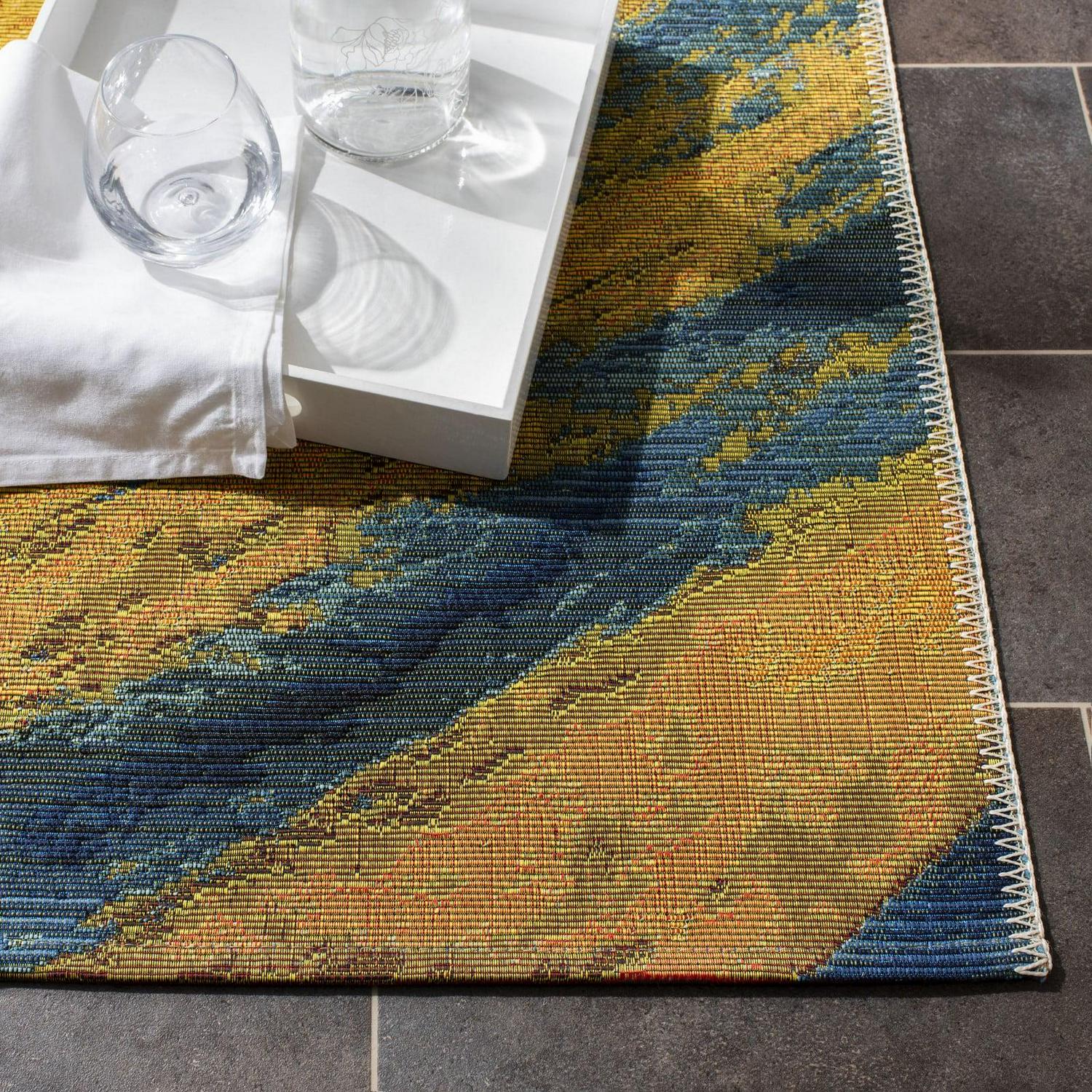 SAFAVIEH Barbados Sunset Waves Outdoor Area Rug, 5'3" x 7'6", Blue/Gold - Image 4
