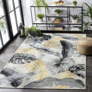 SAFAVIEH Barbados Tropical Leaves Outdoor Area Rug, 5'3" x 7'6", Grey/Gold