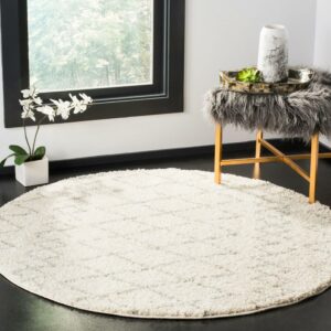 SAFAVIEH Berber Feride Geometric Shag Area Rug, Cream/Light Gray, 5'1" x 5'1" Round