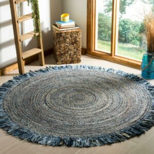 SAFAVIEH Cape Cod Victoria Braided Area Rug, 8' x 8' Round, Ivory/Denim