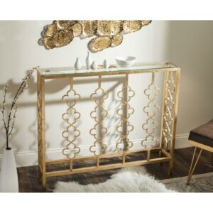 SAFAVIEH Carolina Solid Quatrefoil Console Table, Gold/Clear Glass Top