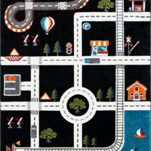SAFAVIEH Carousel Kids Devan Train Track Area Rug, Black/Ivory, 3'3" x 5'3"