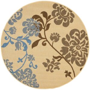 SAFAVIEH Courtyard Cindy Floral Indoor/Outdoor Area Rug, 5'3" x 5'3" Round, Natural Brown/Blue