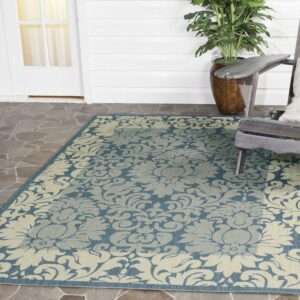 SAFAVIEH Courtyard Dani Damask Bordered Indoor/Outdoor Area Rug, 6'7" x 6'7" Square, Blue/Natural