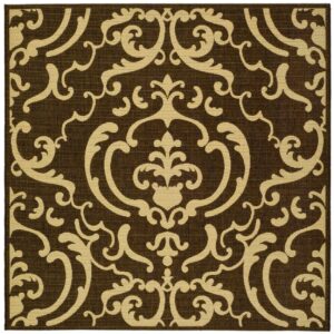 SAFAVIEH Courtyard Dara Damask Indoor/Outdoor Area Rug, 6'7" x 6'7" Square, Chocolate/Natural
