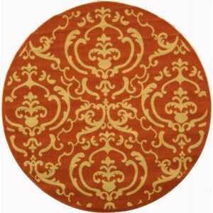 SAFAVIEH Courtyard Dara Damask Indoor/Outdoor Area Rug, 5'3" x 5'3" Round, Terracotta/Natural