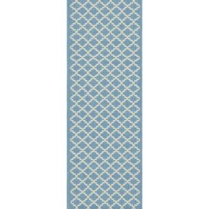 SAFAVIEH Courtyard Hilbert Geometric Indoor/Outdoor Runner Rug, Blue/Beige, 2'3" x 14'