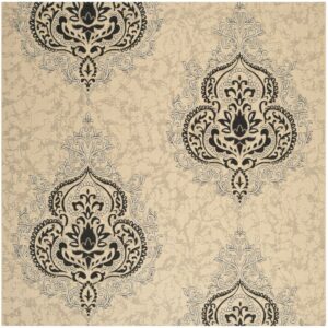 SAFAVIEH Courtyard Penelope Damask Indoor/Outdoor Area Rug, Cream/Black, 6'7" Square