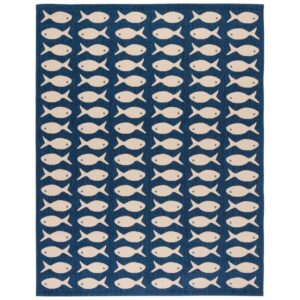 SAFAVIEH Courtyard Tranter Fishes Indoor/Outdoor Area Rug, Navy/Beige, 9' x 12'