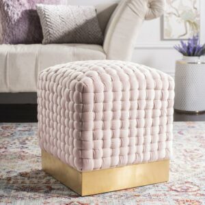 SAFAVIEH Couture Ravyn Modern Glam Woven Velvet Ottoman, Pink/Brass