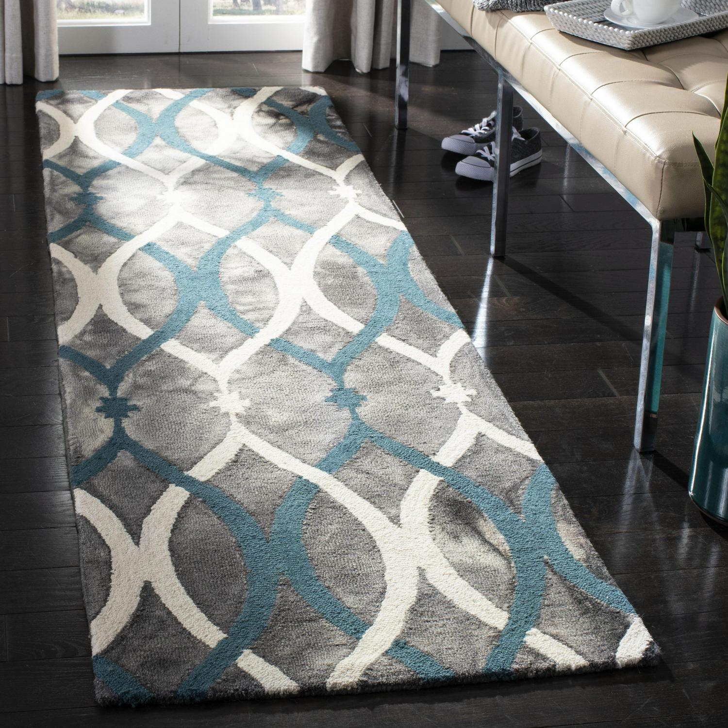 SAFAVIEH Dip Dye Britton Overdyed Geometric Wool Runner Rug, Grey/Ivory Blue, 2'3" x 10'
