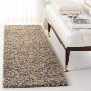 SAFAVIEH Florida Deangelo Damask Plush Shag Runner Rug, Grey/Beige, 2'3" x 7'