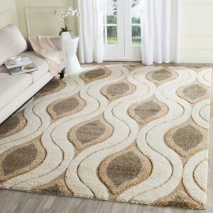 SAFAVIEH Florida Declan Geometric Swirls Shag Area Rug, Cream/Smoke, 9'6" x 13'