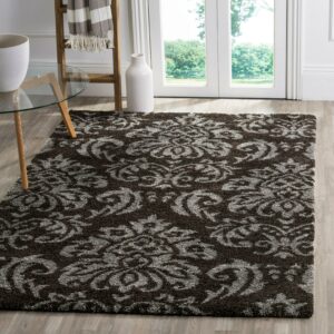 SAFAVIEH Florida Desmond Damask Plush Shag Area Rug, Dark Brown/Smoke, 5'3" x 7'6"