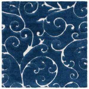 SAFAVIEH Florida Doug Floral Vines Geometric Shag Area Rug, Dark Blue/Cream, 11' x 11' Square