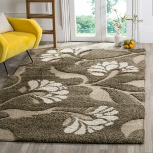 SAFAVIEH Florida Teodor Floral Shag Area Rug, Smoke/Beige, 5' x 5' Square