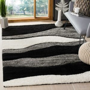 SAFAVIEH Florida Tyler Geometric Waves Shag Area Rug, Grey/Black, 5'3" x 7'6"